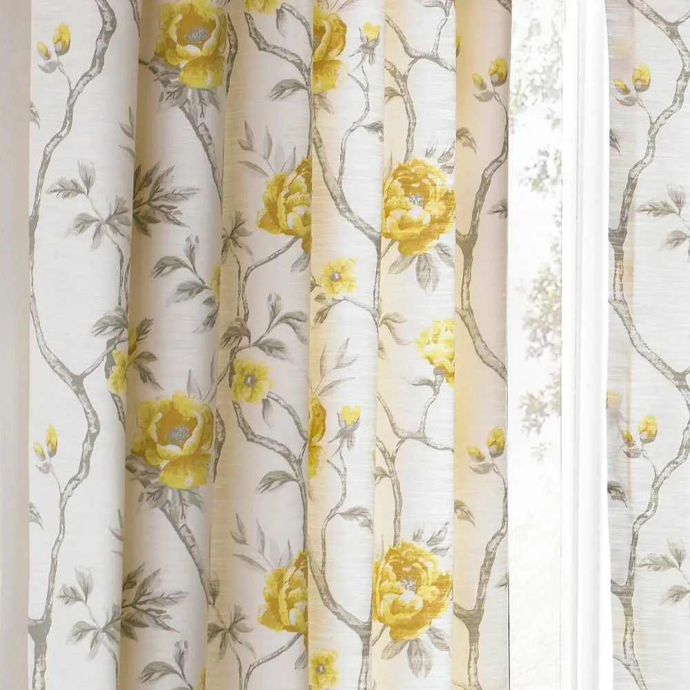 Paoletti Rosemoor Fully Lined Floral Eyelet Curtain Pair in Yellow 2