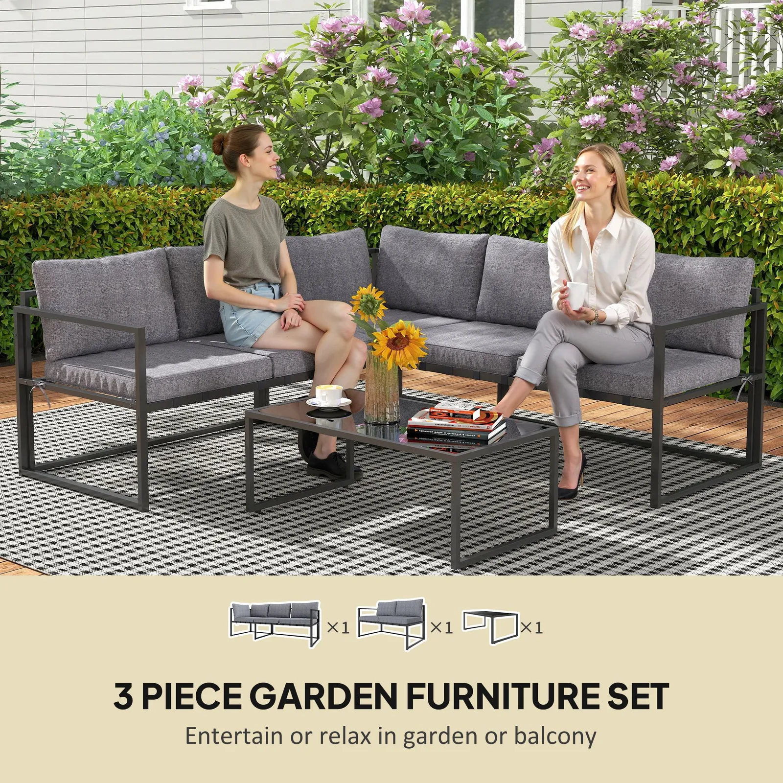 OUTSUNNY 3 Piece L Shaped Garden Furniture Set with Cushions, Grey 4