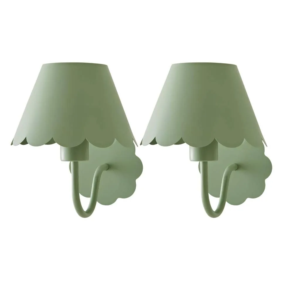 ValueLights Hattie Pair of Rechargeable Metal Scalloped Edge Wall Lights in Pale Green 1