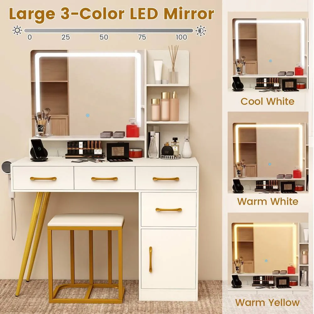 Costway Vanity Desk w/ Stool Makeup Dressing Table Set w/ LED Mirror in White 6