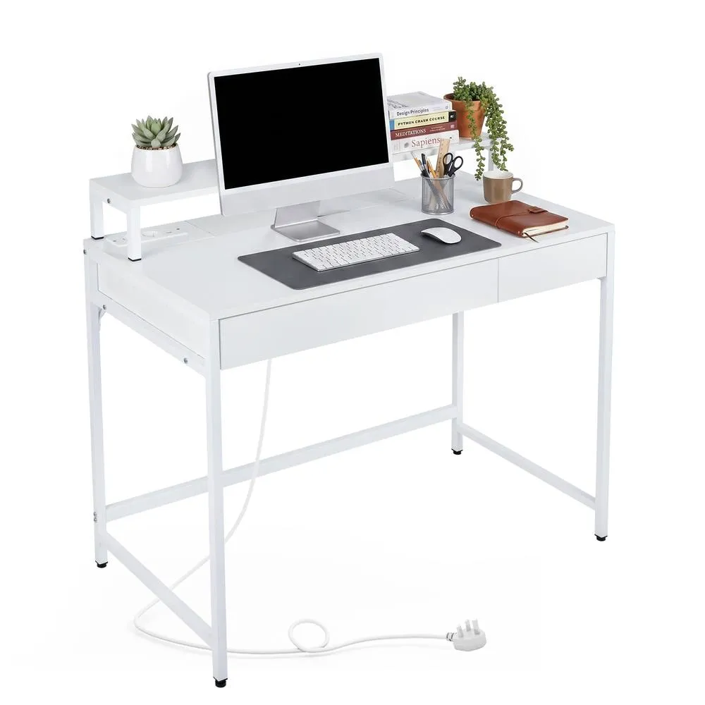 Costway Computer Desk with Power Outlets Compact Office Desk in White