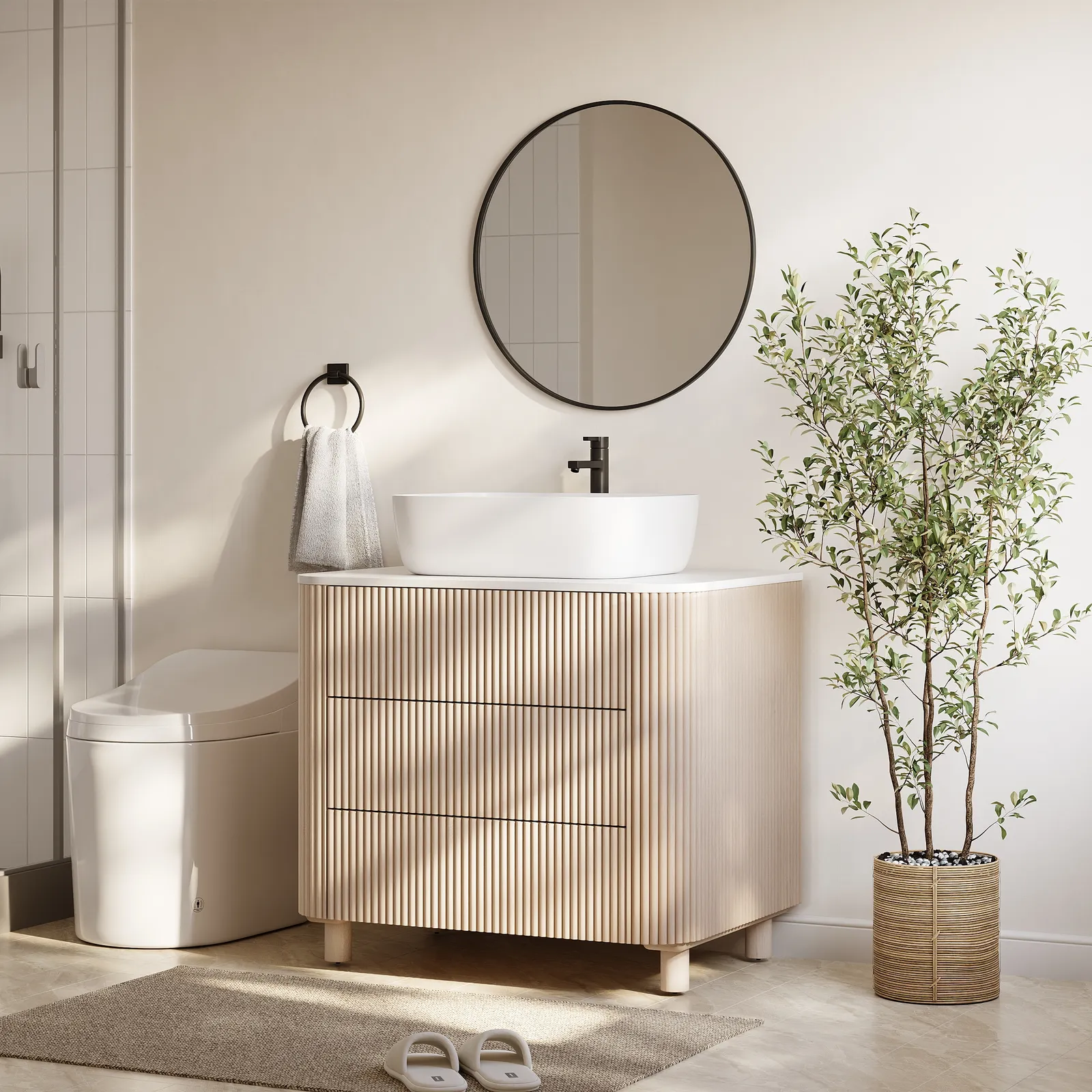 80cm Fluted Freestanding Bathroom Vanity with Vessel Sink, 3-Drawers, Sintered Stone top