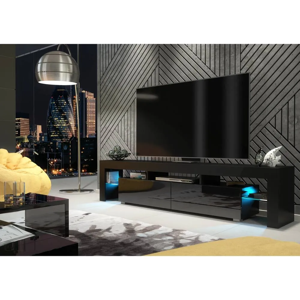 Creative Furniture Nova TV Unit 200cm - Black with Gloss Doors & LED Lights 6