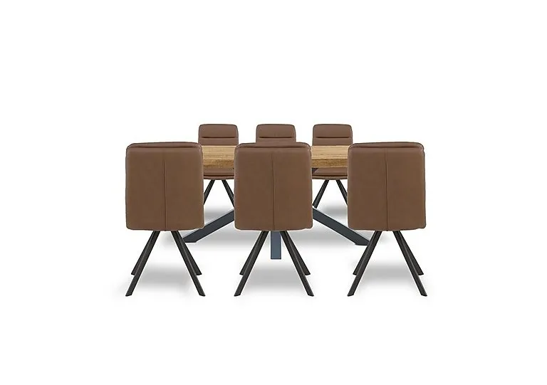 Njord 160cm Compact Raw Edge Dining Table with Metal Star Base and 6 Tan Faux Leather Swivel Chairs
