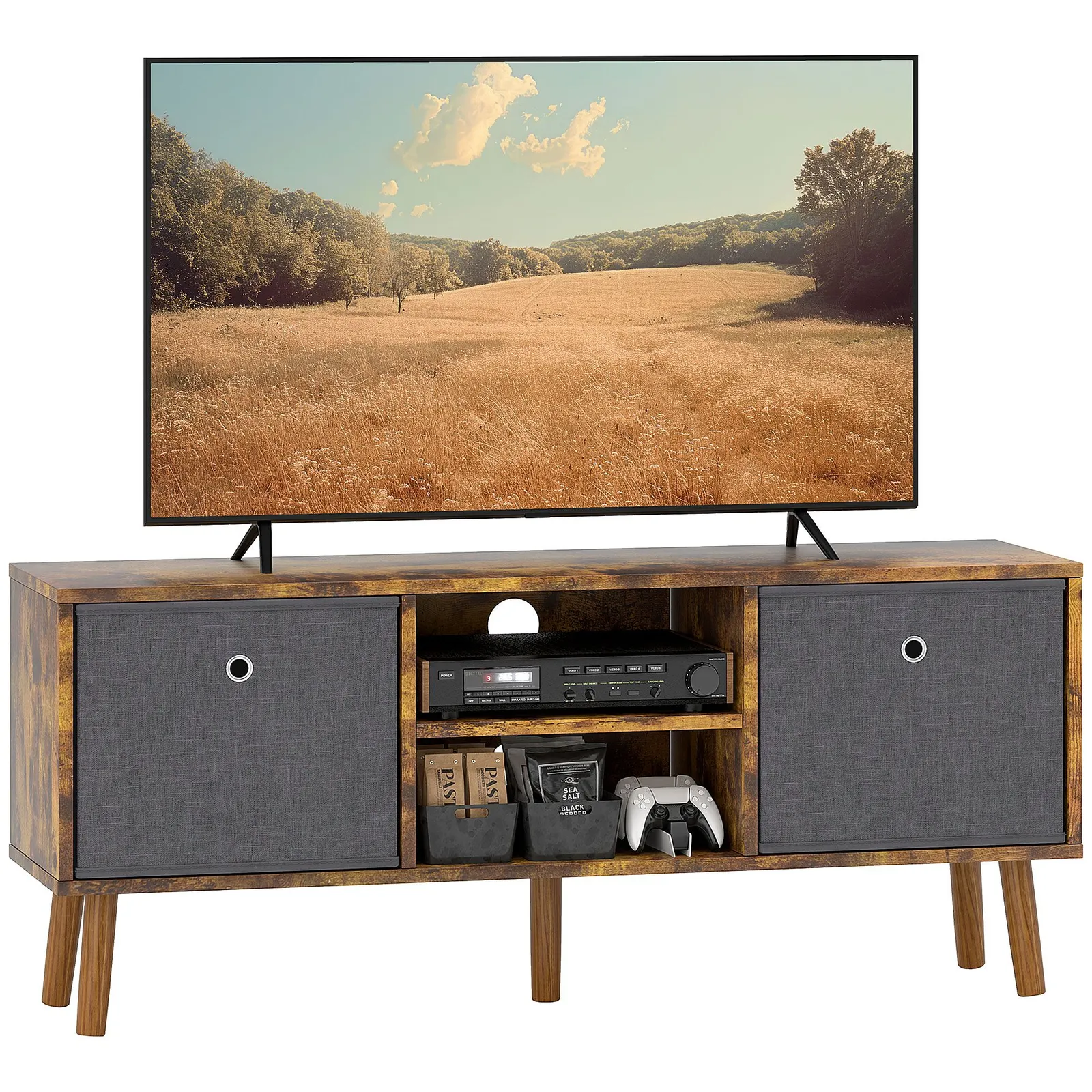 HOMCOM Modern TV Cabinet Stand w/ Shelves & Drawers, Bedroom in Dark Brown 2