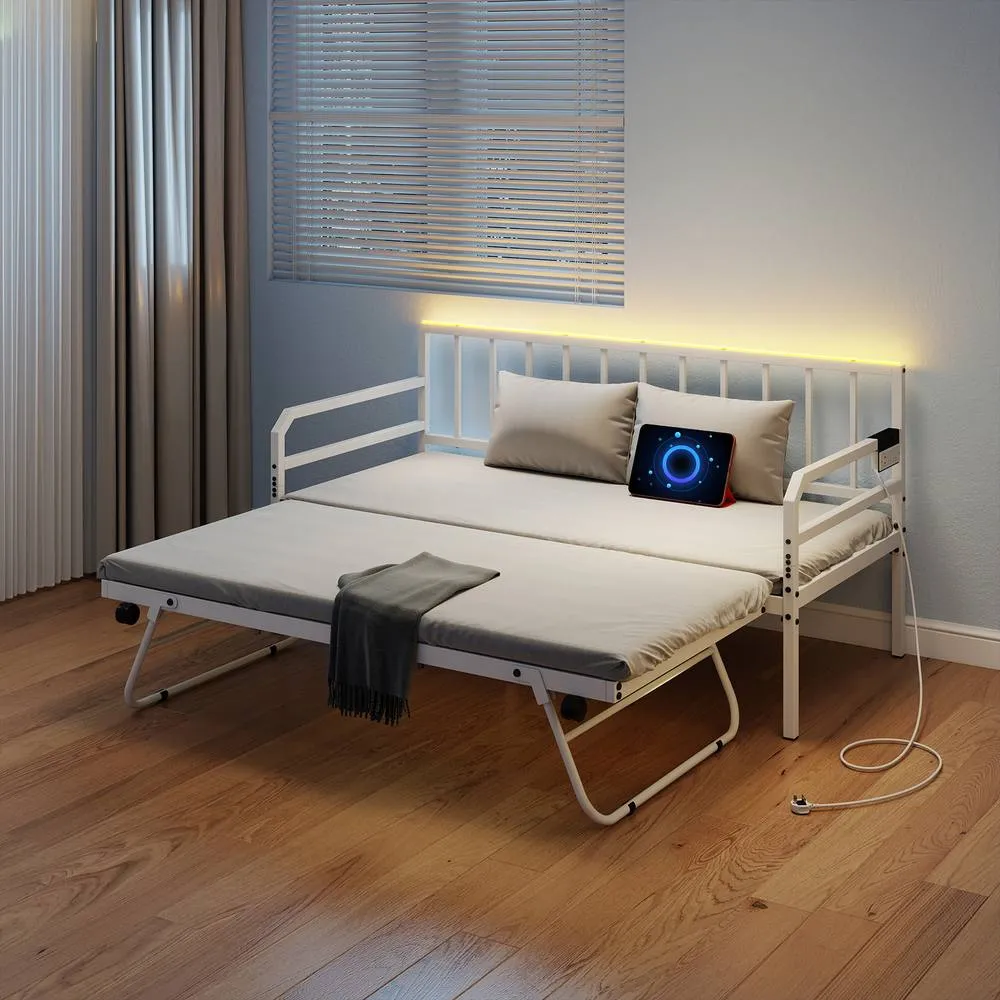 Costway Single Size Daybed with Charging Station & LED Lights in White 4