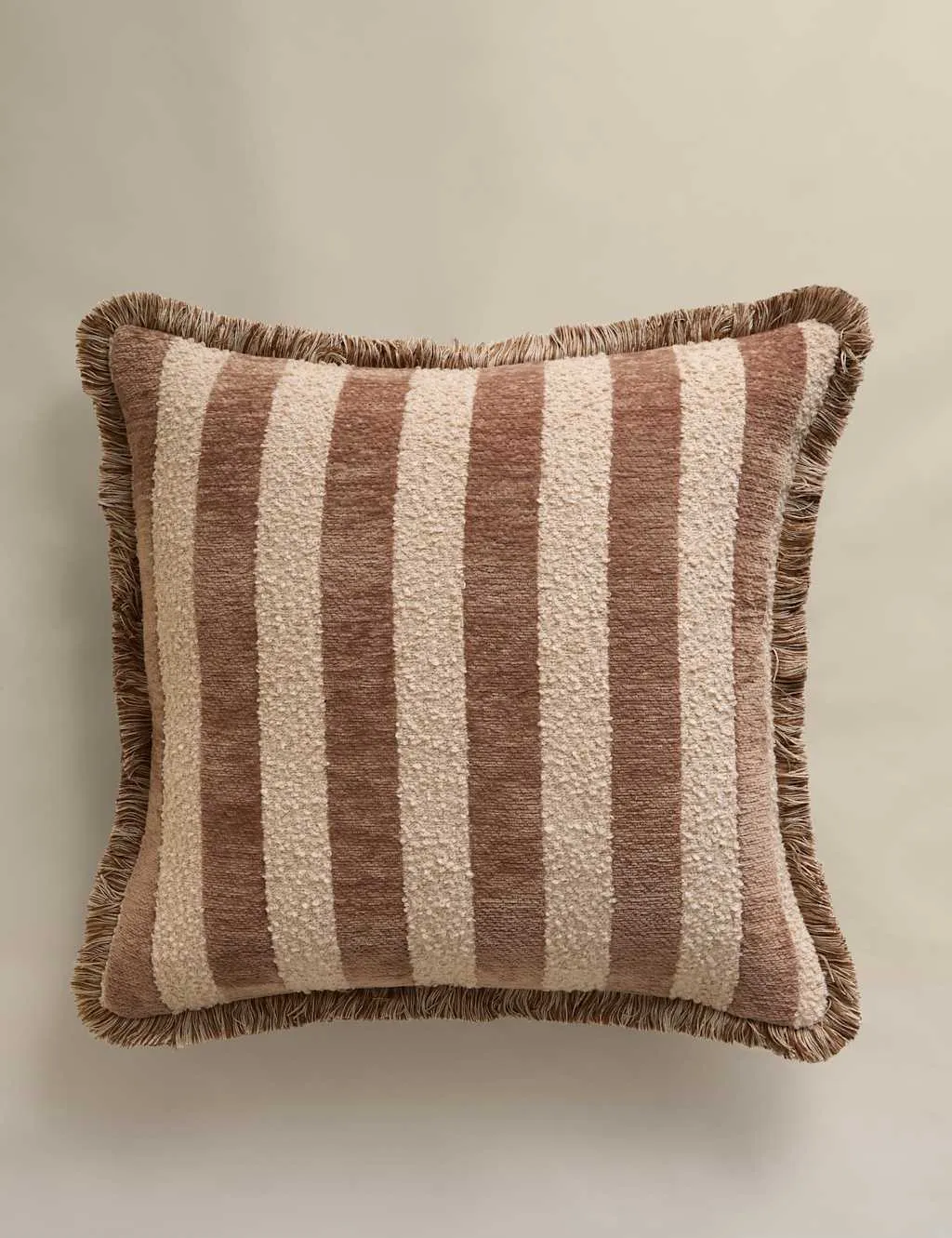 M&S Fringed Chenille Stripe Cushion Cover Caramel