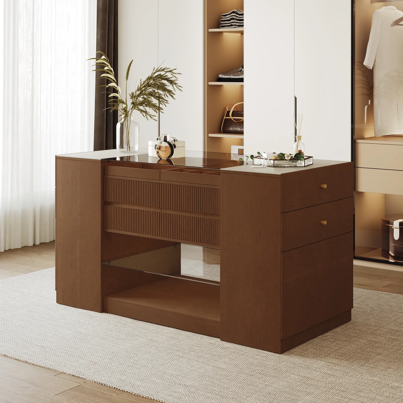 60" Glass Top Walnut Dresser Walk-in Wardrobe Island with Jewellery Storage