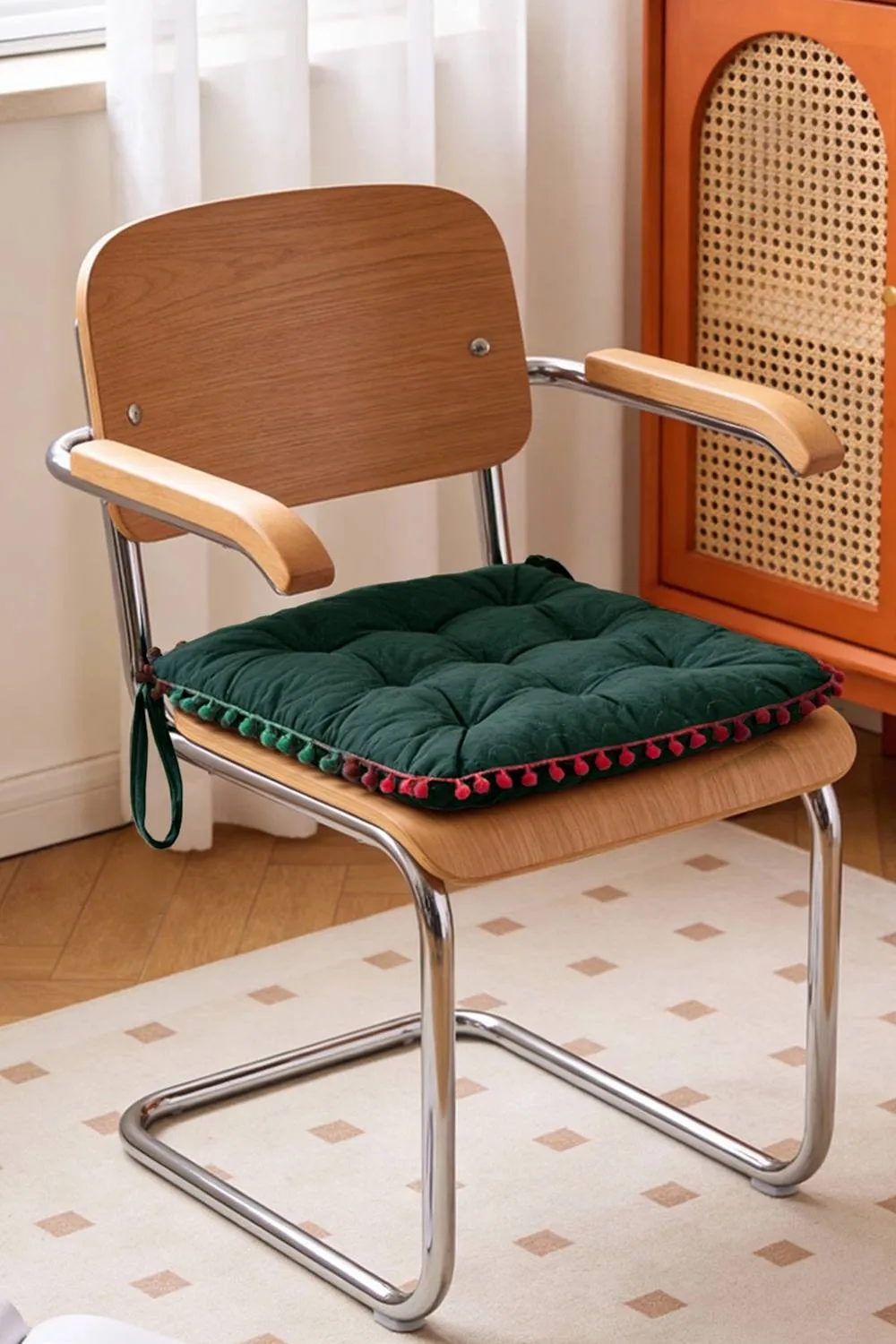 Living and Home Quilted Pom-Pom Trimmed Chair Cushion in Dark Green
