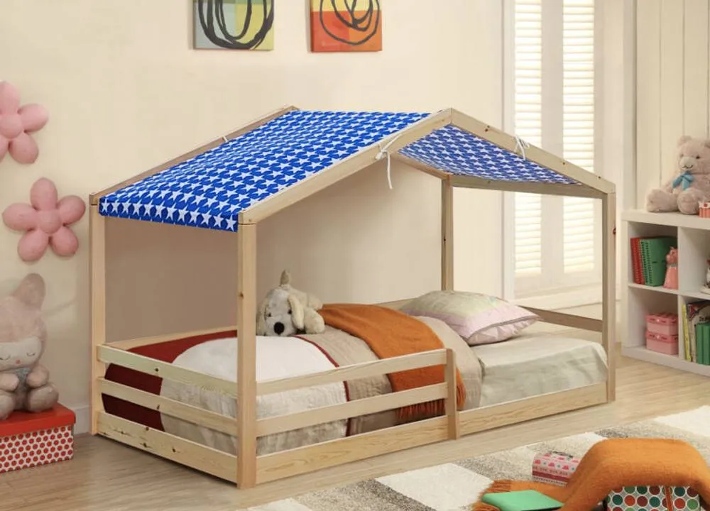 Comfy Living Ltd 3ft Wooden House Bed With Blue Tent in Natural