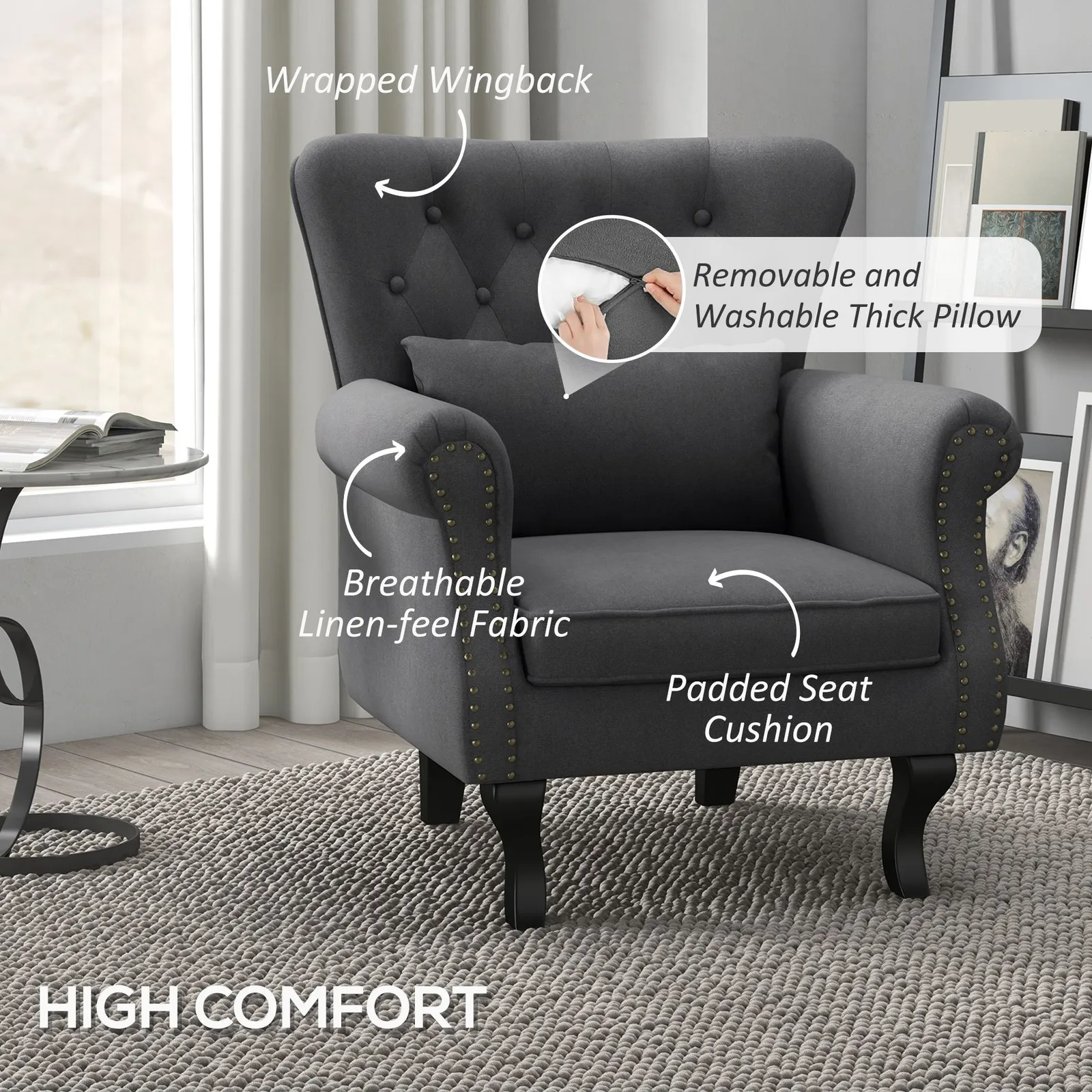 HOMCOM Chesterfield style Accent Chair Tufted Wingback Armchair with Pillow in Dark Grey 6