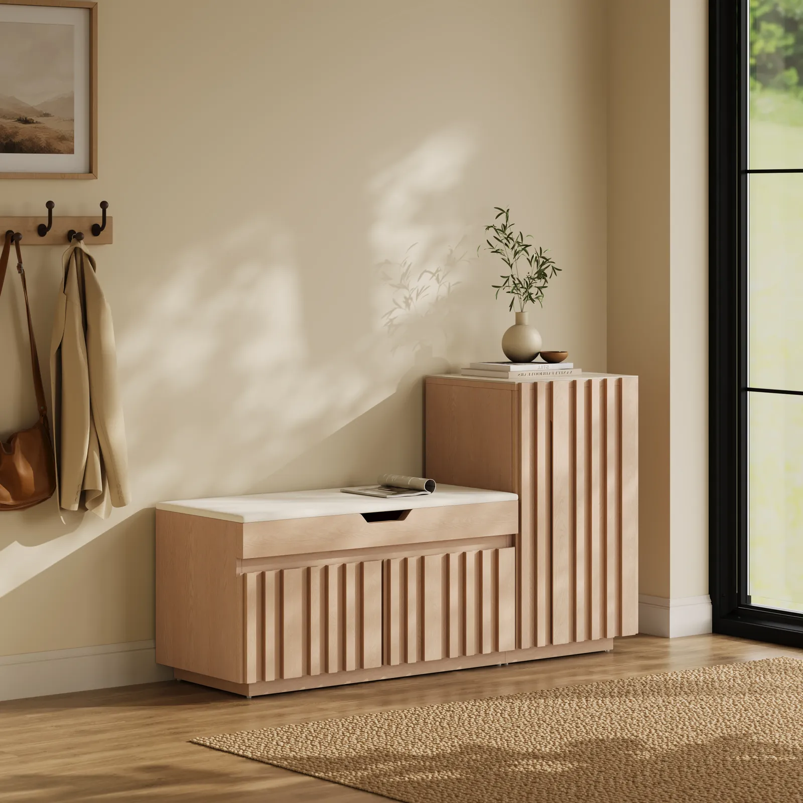 Aura 47” Wooden Shoe Storage Bench with Right-Side Cabinet for Entryway