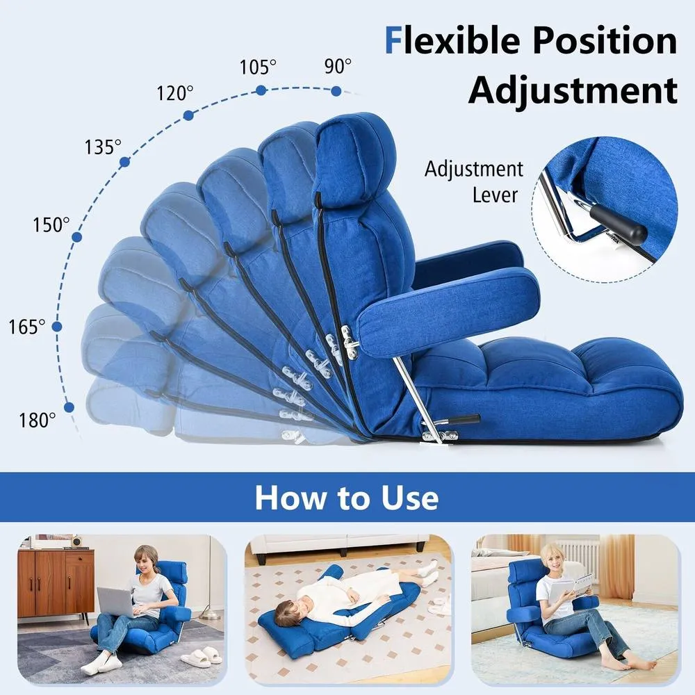 Costway Folding Sofa Chair Floor Lounger Sofa W/ 6 Adjustment Back in Blue 6