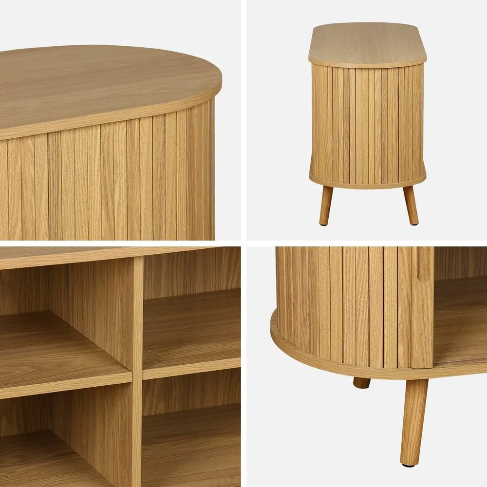 sweeek 120cm Scandi-style Tv Unit With Grooved Wooden Effect & 2 Sliding Do in Light Brown 2