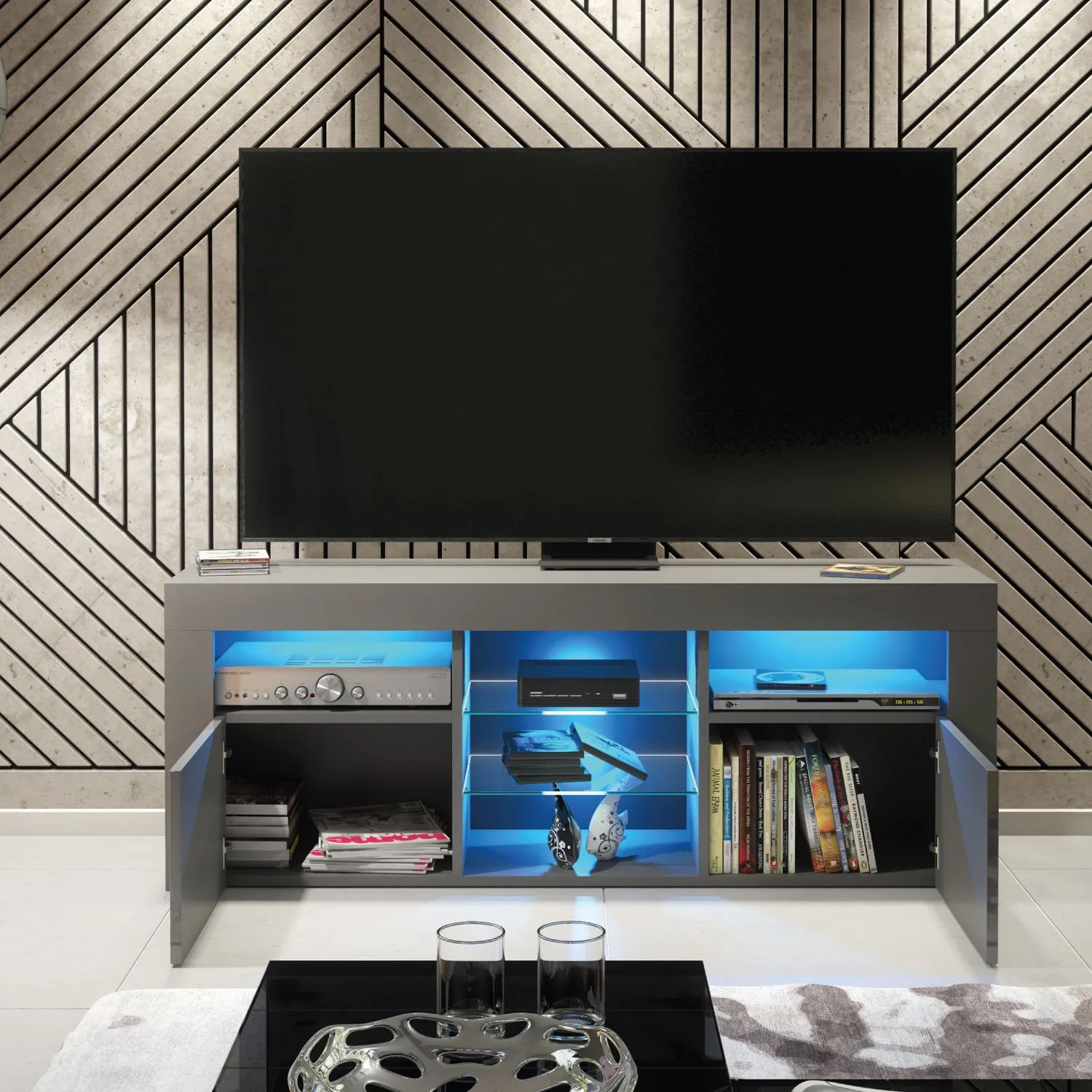Creative Furniture Pulse TV Unit 145cm - A Stylish & Practical Cabinet with Gloss Doors & LED Lights in Dark Grey 2