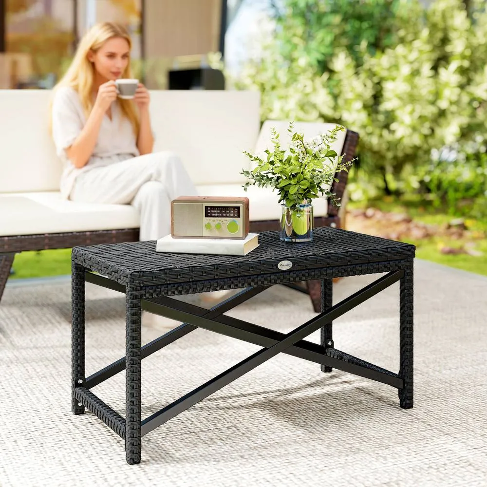 OUTSUNNY Outdoor Coffee Table, PE Rattan Side Table w/ Plastic Board, Black