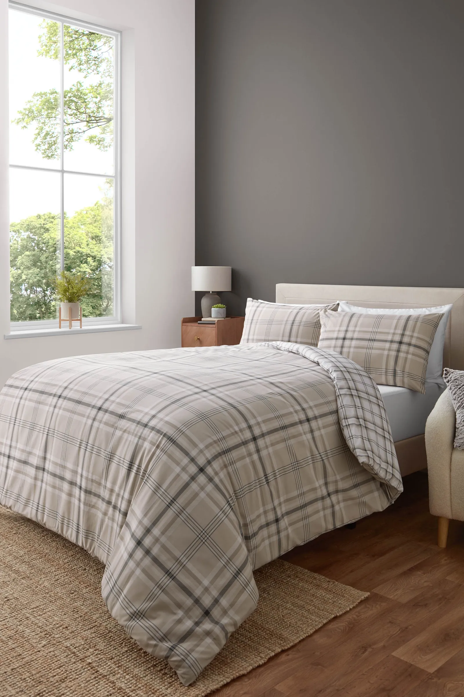 Catherine Lansfield 'Kelso Check' Reversible Duvet Cover Set in Natural 2