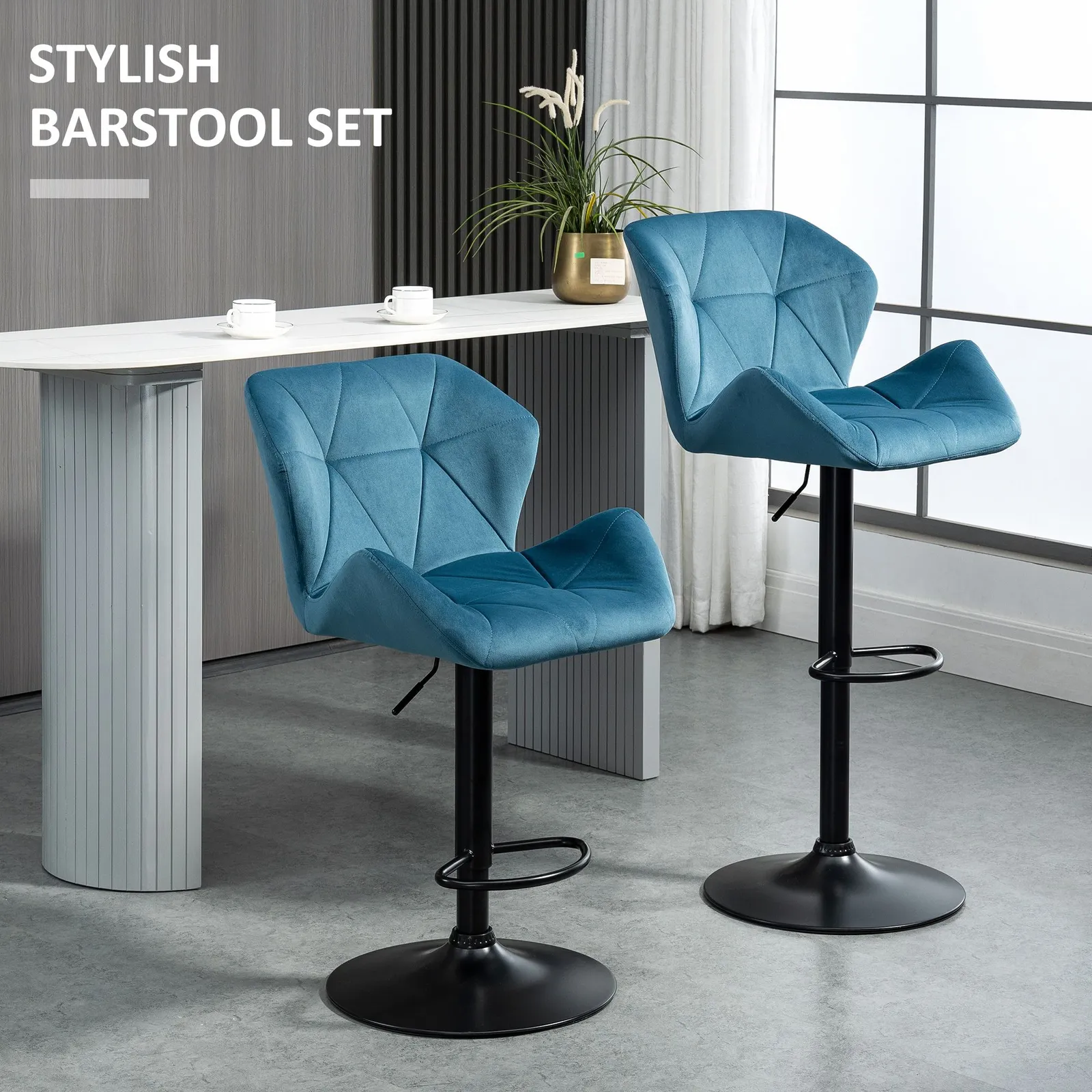HOMCOM Of 2 Luxurious Velvet-Touch Bar Stools w/ Metal Frame Footrest Base in Blue 4