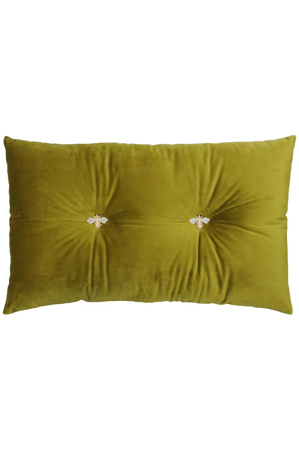 Paoletti Bumble Bee Embroidered Buttoned Velvet Ready Filled Cushion in Olive 1