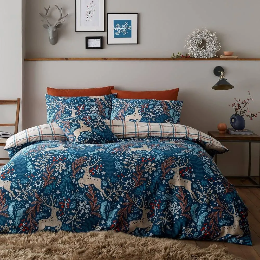 Portfolio Home Winter Stags Christmas Blue Duvet Cover Set in Navy