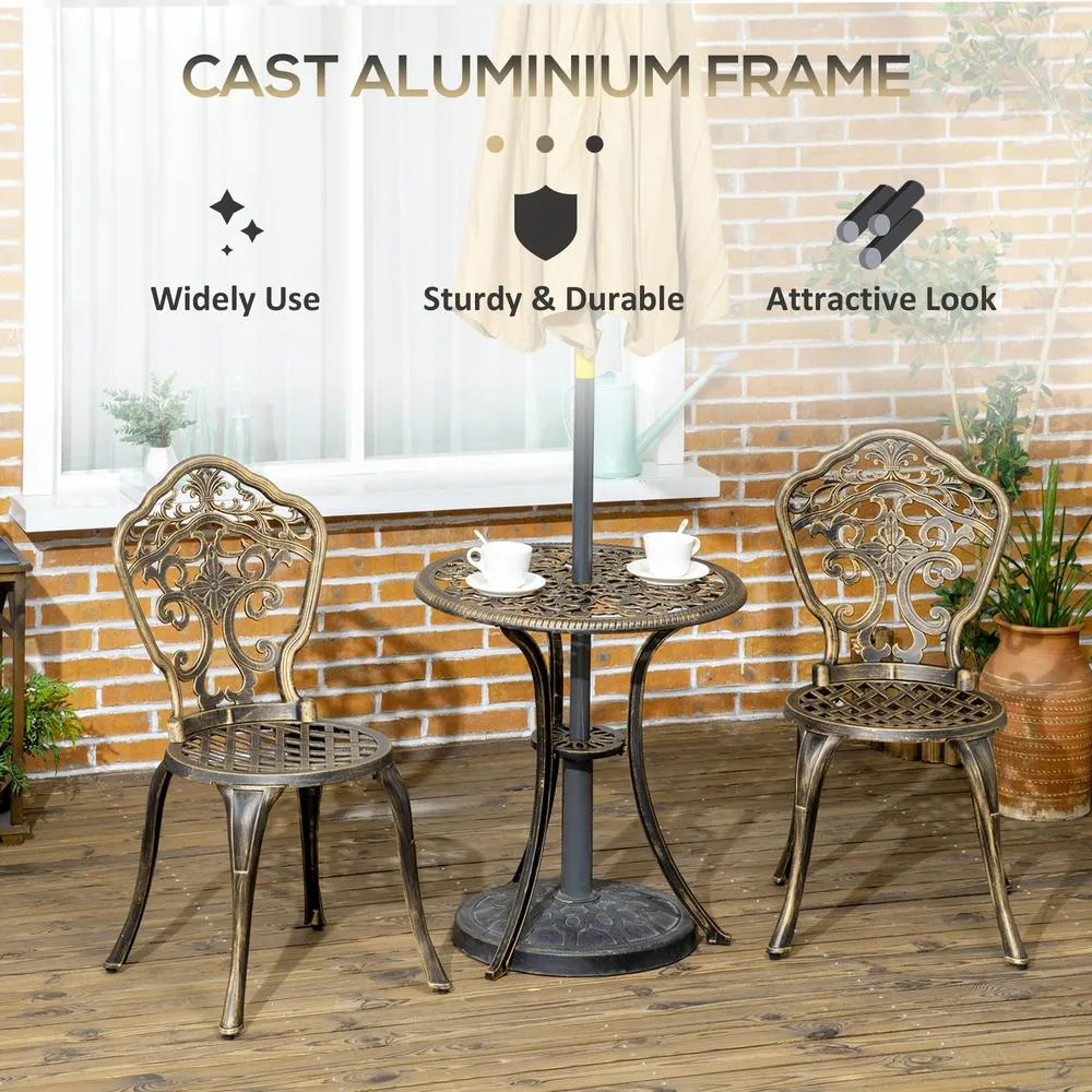 OUTSUNNY 3 PCs Cast Aluminium Bistro Set w/ Parasol Hole for Balcony, Brown in Bronze 5