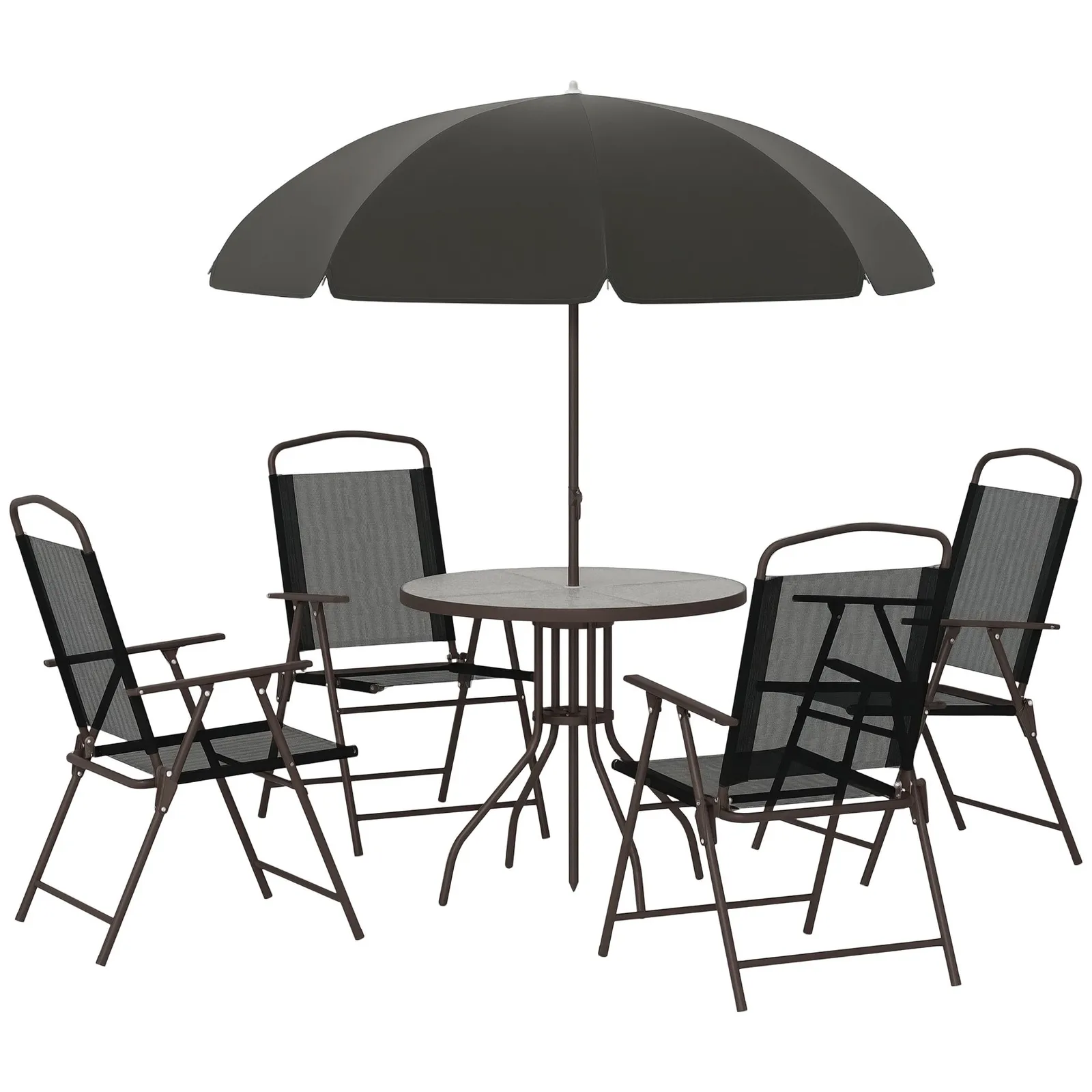OUTSUNNY 6 Piece Patio Dining Set with Garden Umbrella 4 Folding Chairs in Black 2