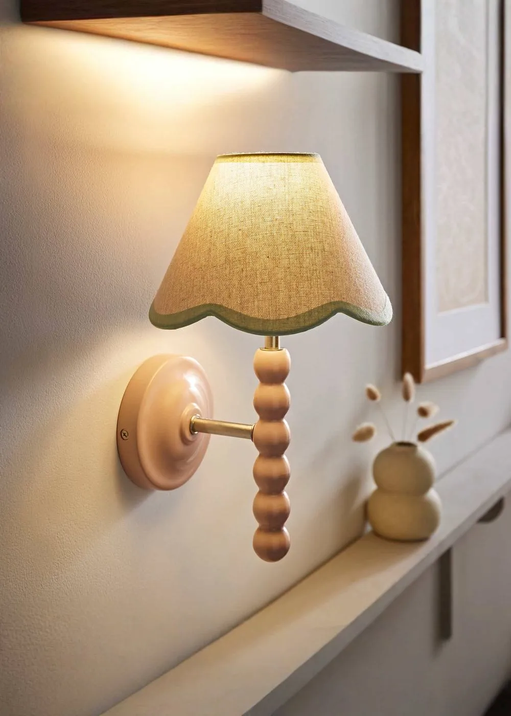 ValueLights Bobbins Rose Pink Bobble Wall Light & Linen Pastel Trim Lamp Shade in Pale Green 1