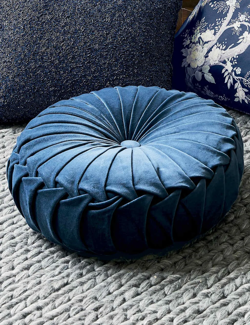 Laura Ashley Rosanna Velvet Round Pleated Cushion Blue