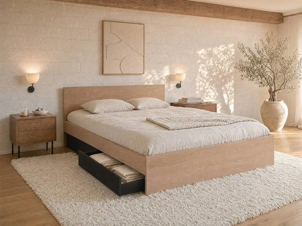 Vente-unique Bed With 2 Drawers 140 X 190 Cm - Natural & Black + Bed Base 3