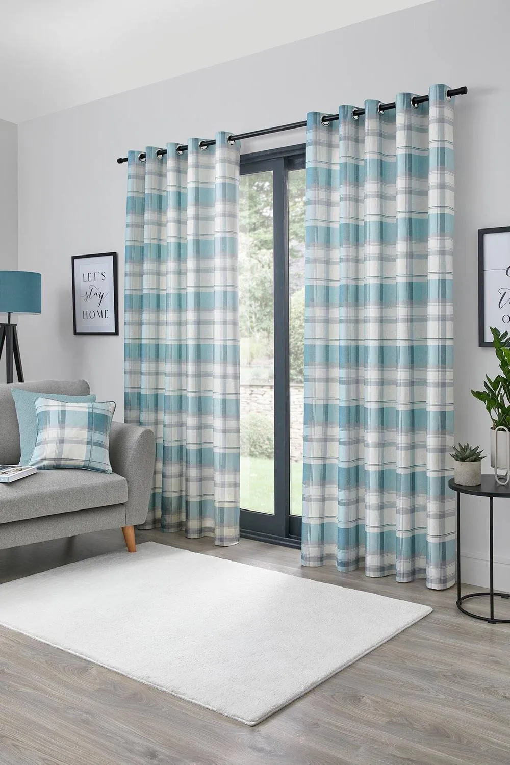 Fusion 'Balmoral Check' Country Checked Pattern Pair of Eyelet Curtains in Duck Egg Blue 1