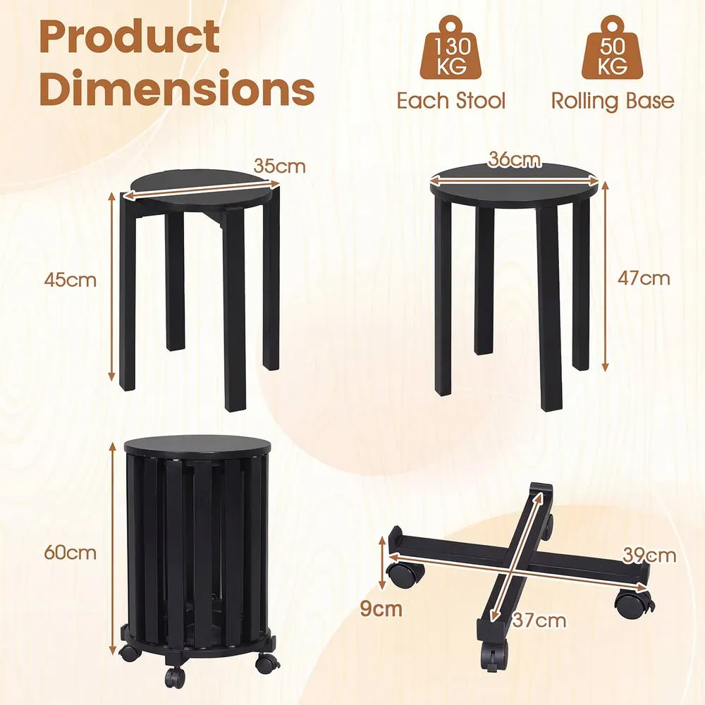 Costway 4PCS Stackable Stools w/ Rolling Base Wooden Nesting Dining Chair in Black 2