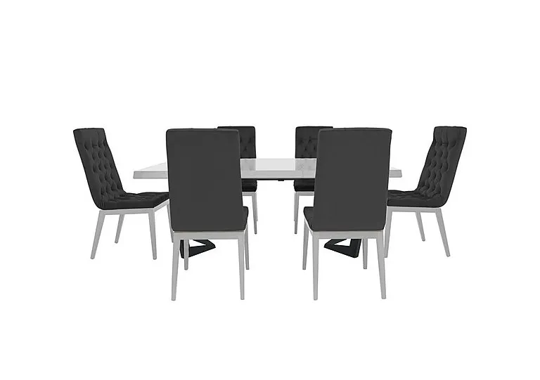 Palazzo 160cm Extending Dining Table in Glossy White with 6 Capitonne Buttoned Chairs - Scarlet Dark Grey