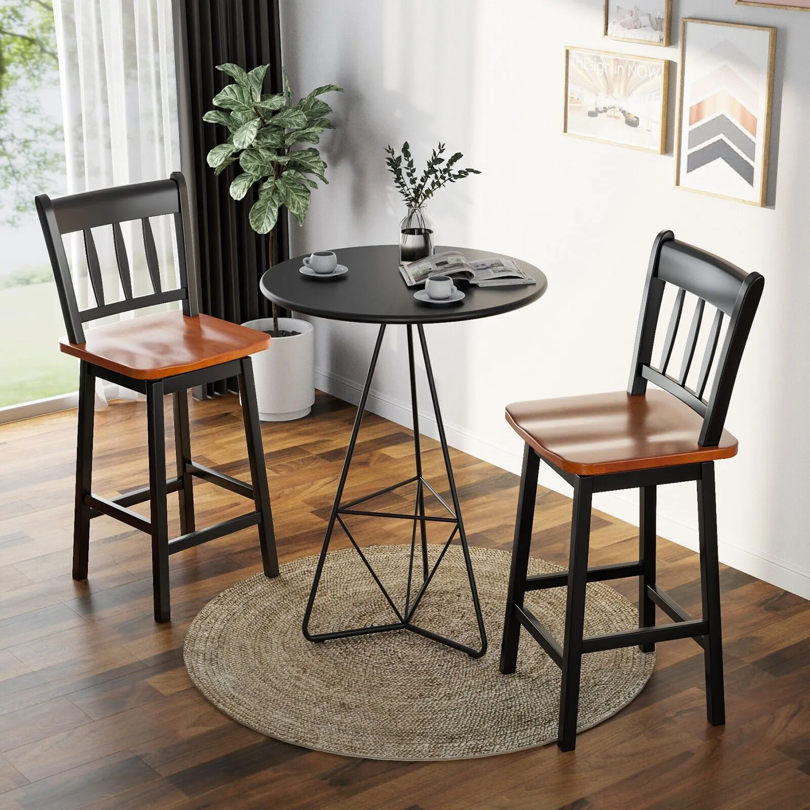 Costway Bar Stools Set of 2 Rubber Wood Swivel Bar Chairs with Backrest & Footrest in Black 5