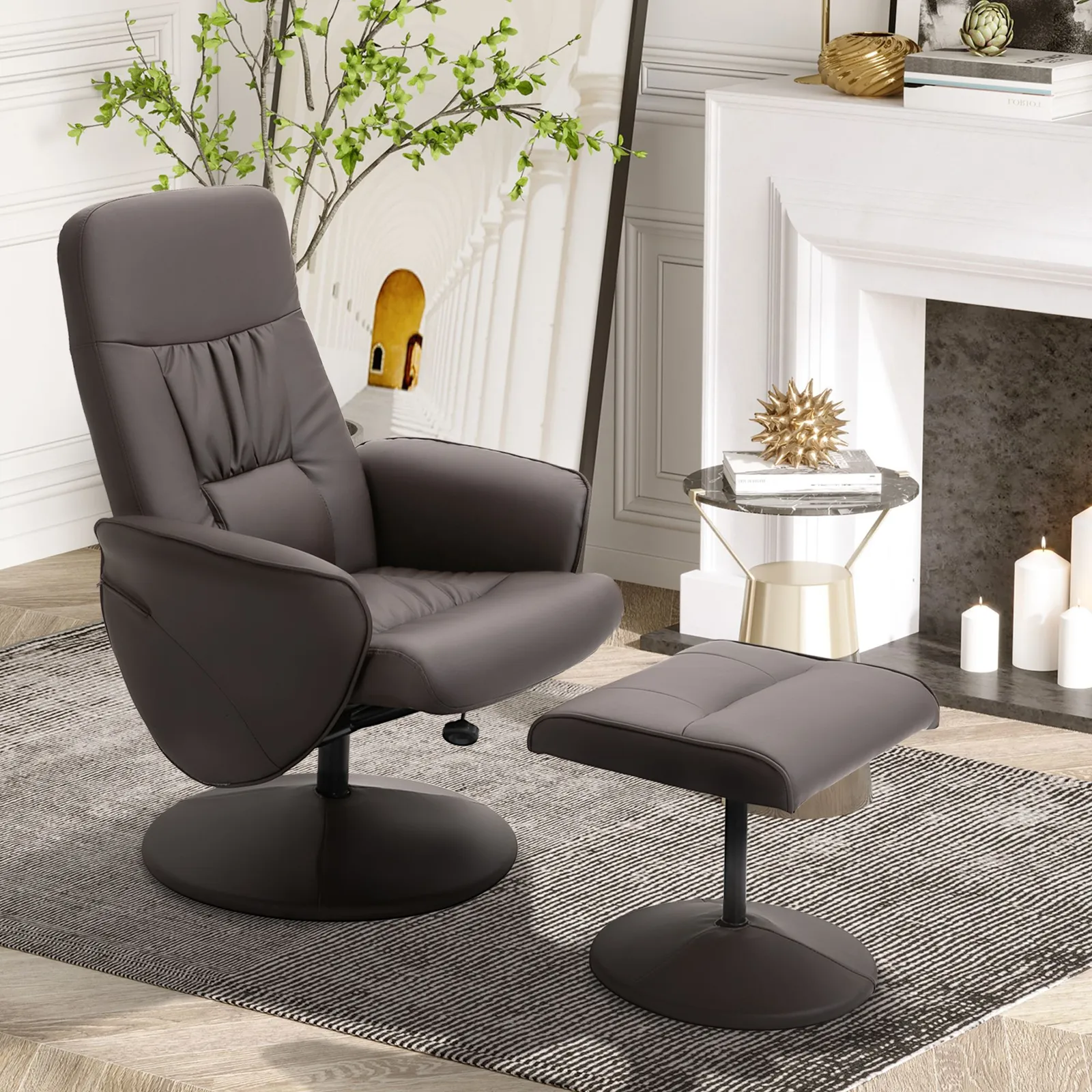 HOMCOM 2 Pcs Reclining Armchair Ottoman 360° Swivel Home Furniture PU Leather in Brown