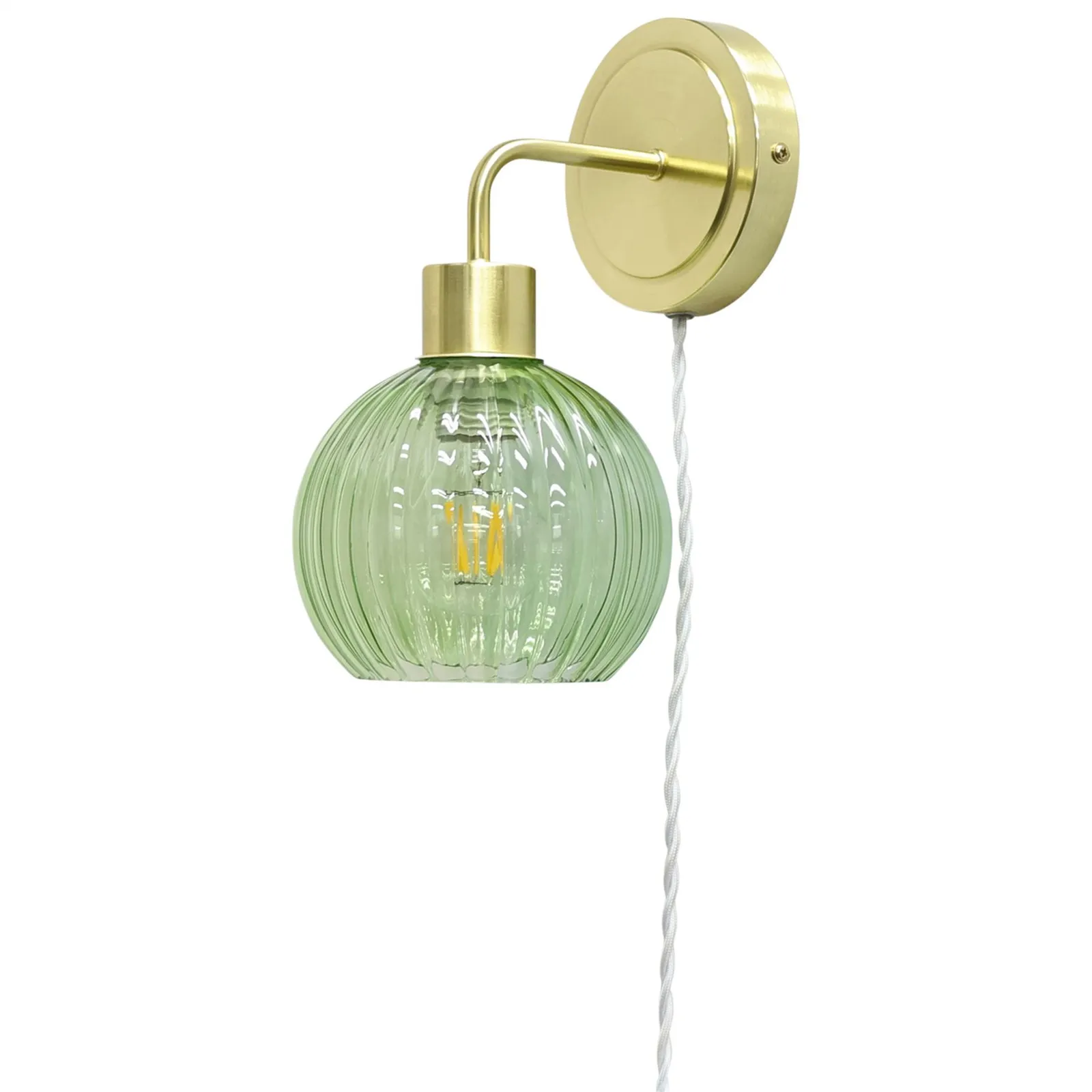 First Choice Lighting Toby - Satin Brass Plug in Wall Light with Betchley Green Ribbed Shade in Gold 2