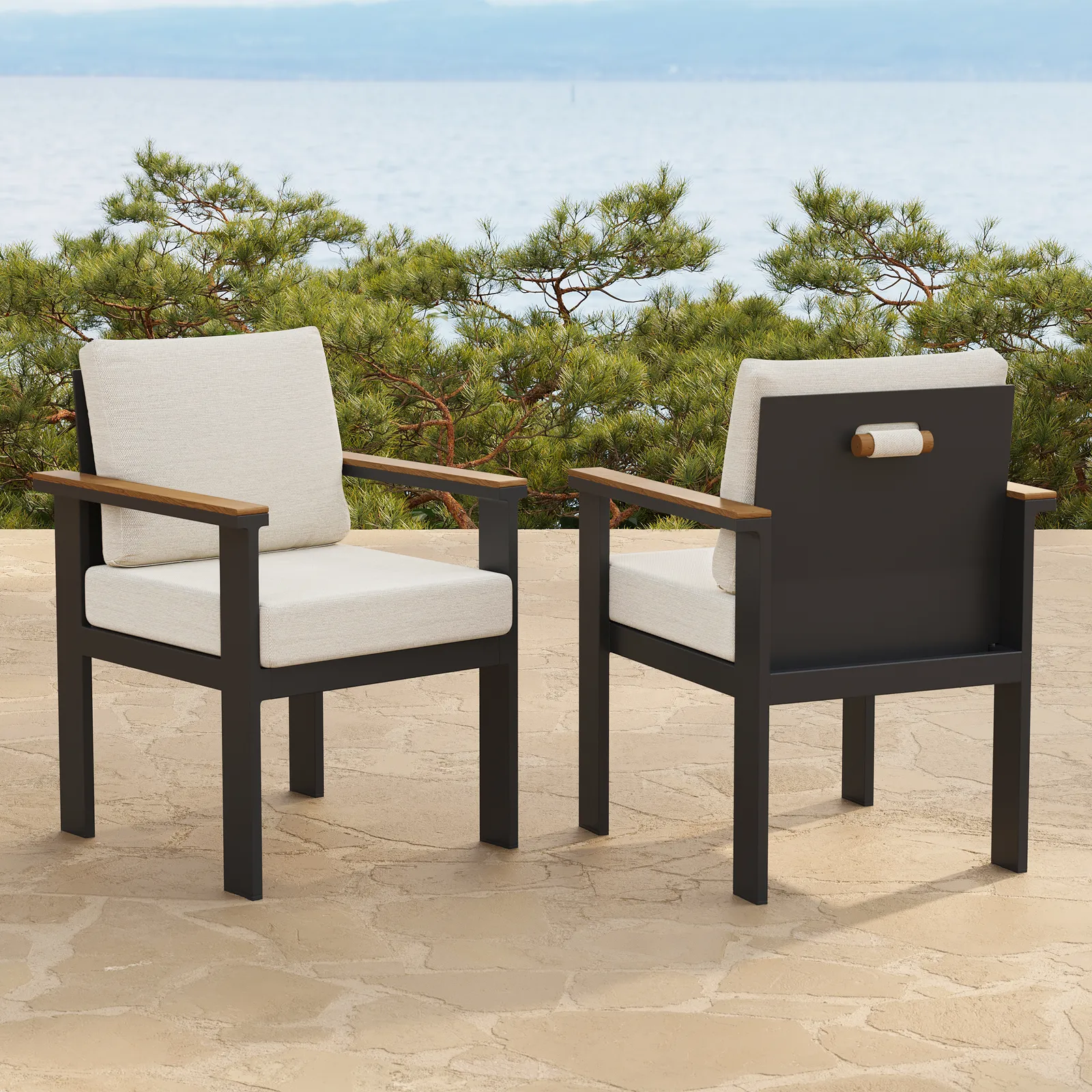 Axis 2 PCS Teak & Aluminum Outdoor Dining Chair Modern Yard & Patio Furniture in Beige Cushion & Pillow Included
