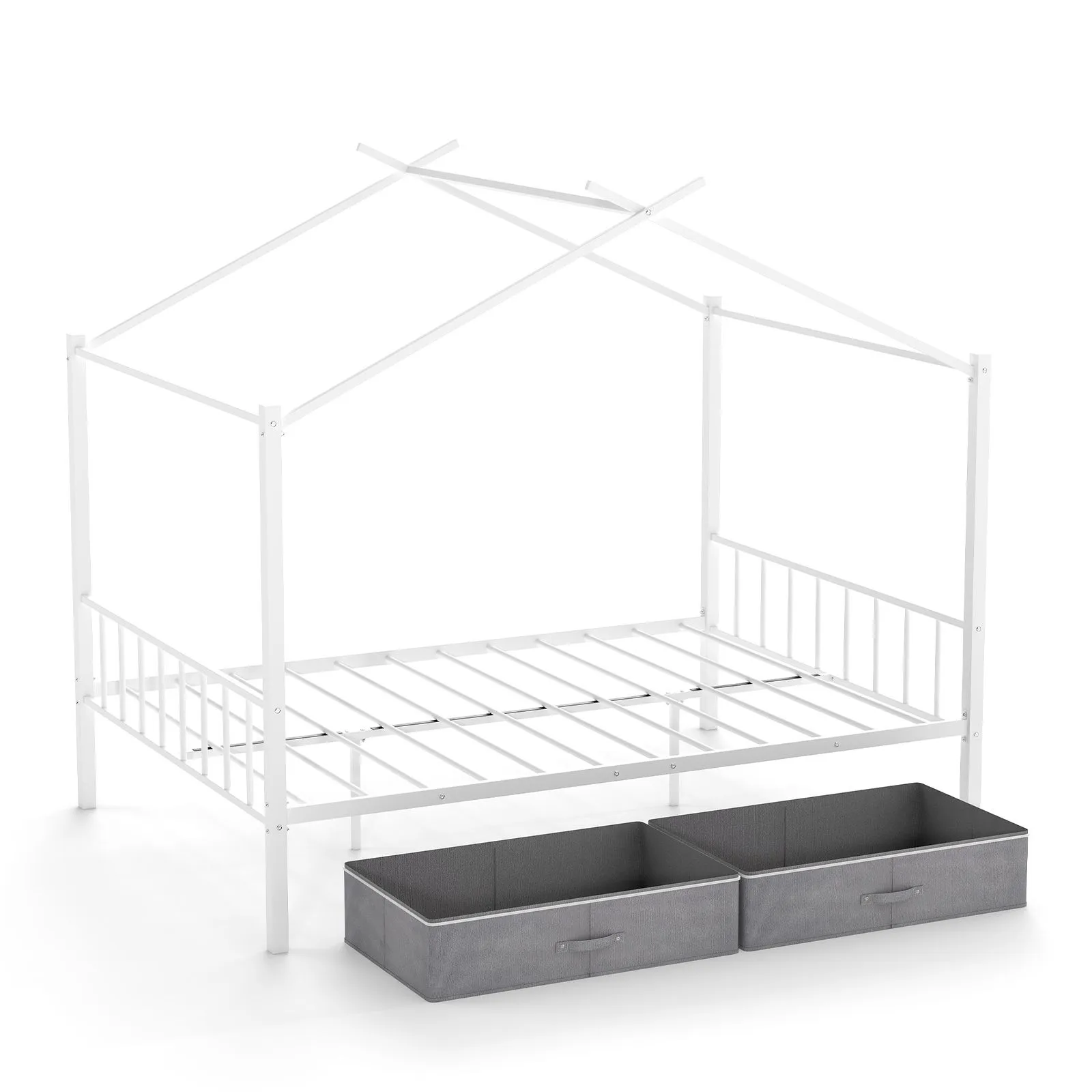Costway Double Size House Bed Heavy-Duty Metal Platform Bed w/2 Drawers in White