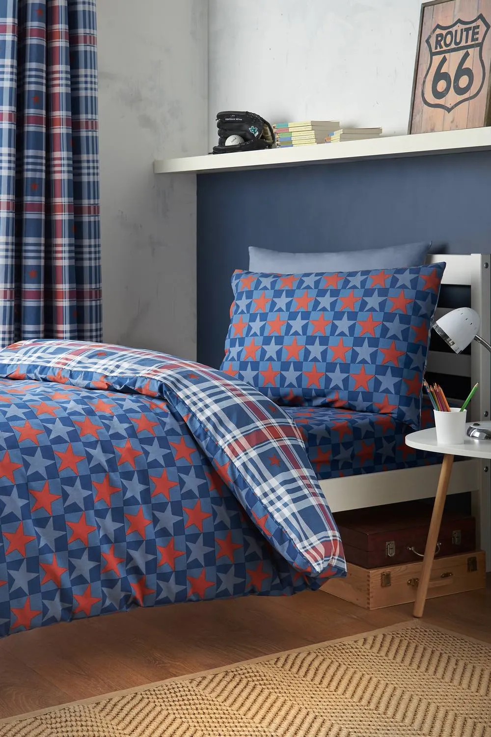 Catherine Lansfield 'Stars & Check' Reversible Duvet Cover Set in Blue 2