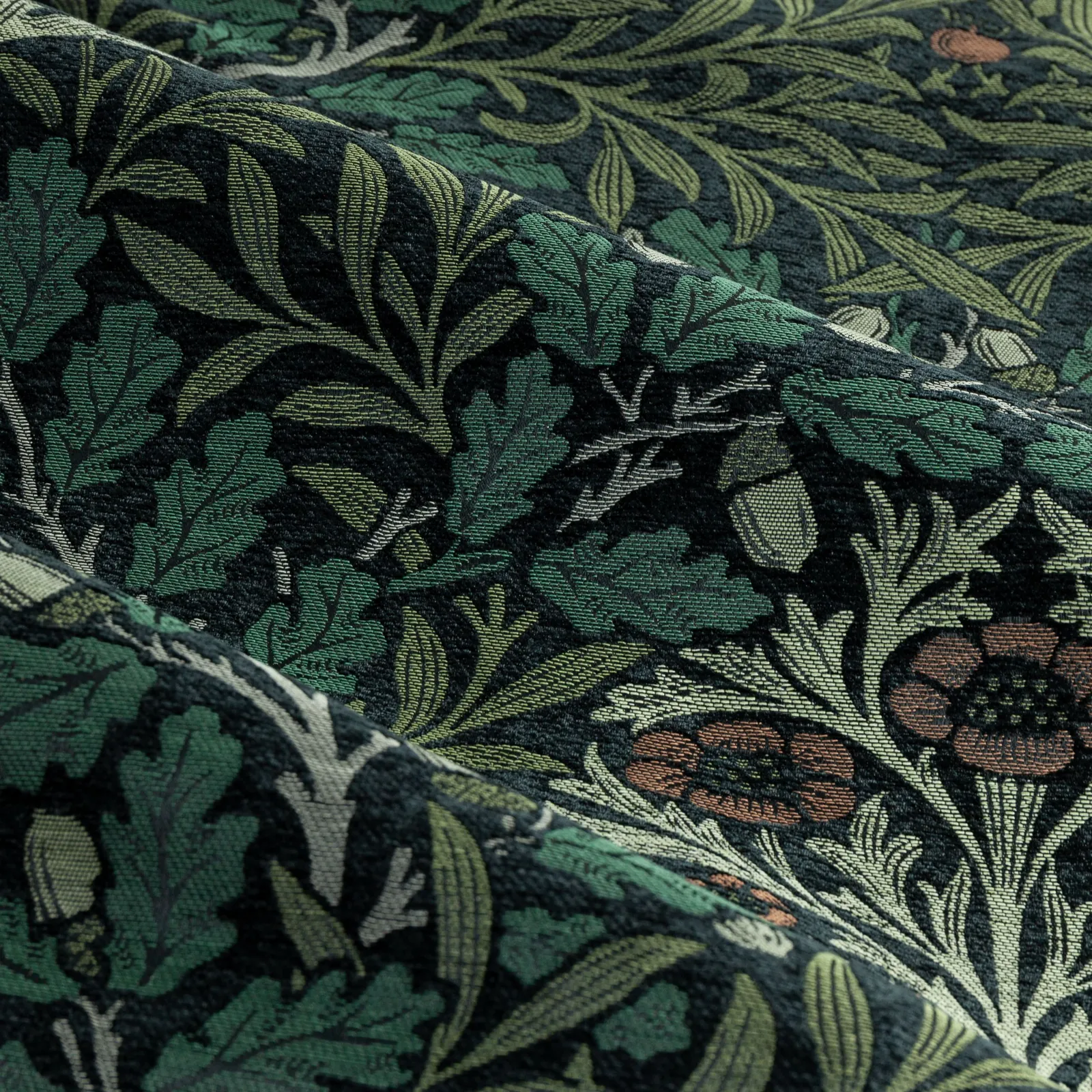 Morris & Co Acorn Multi Floral Jacquard Room Darkening Pencil Pleat Curtains in Green 5
