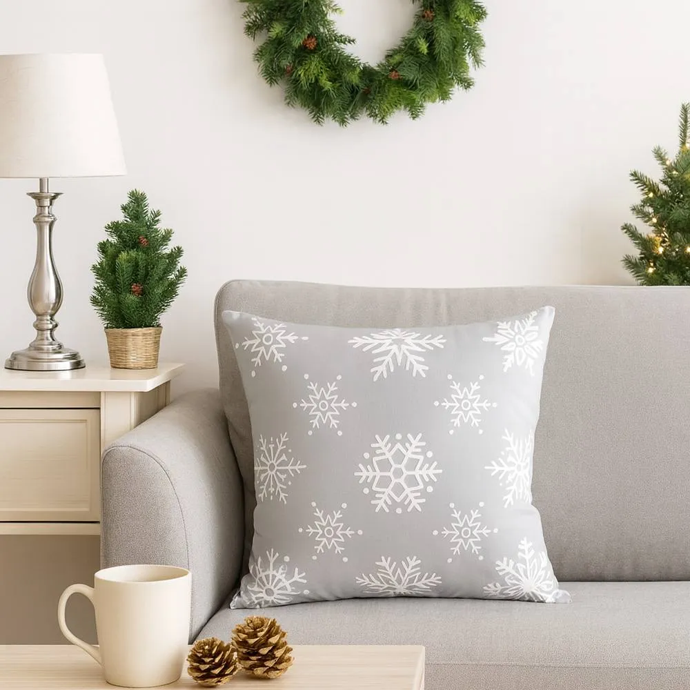 Voltico Festive Christmas Cushion - Snowflake & Santa Hat Design, 36 × 36 cm in Grey