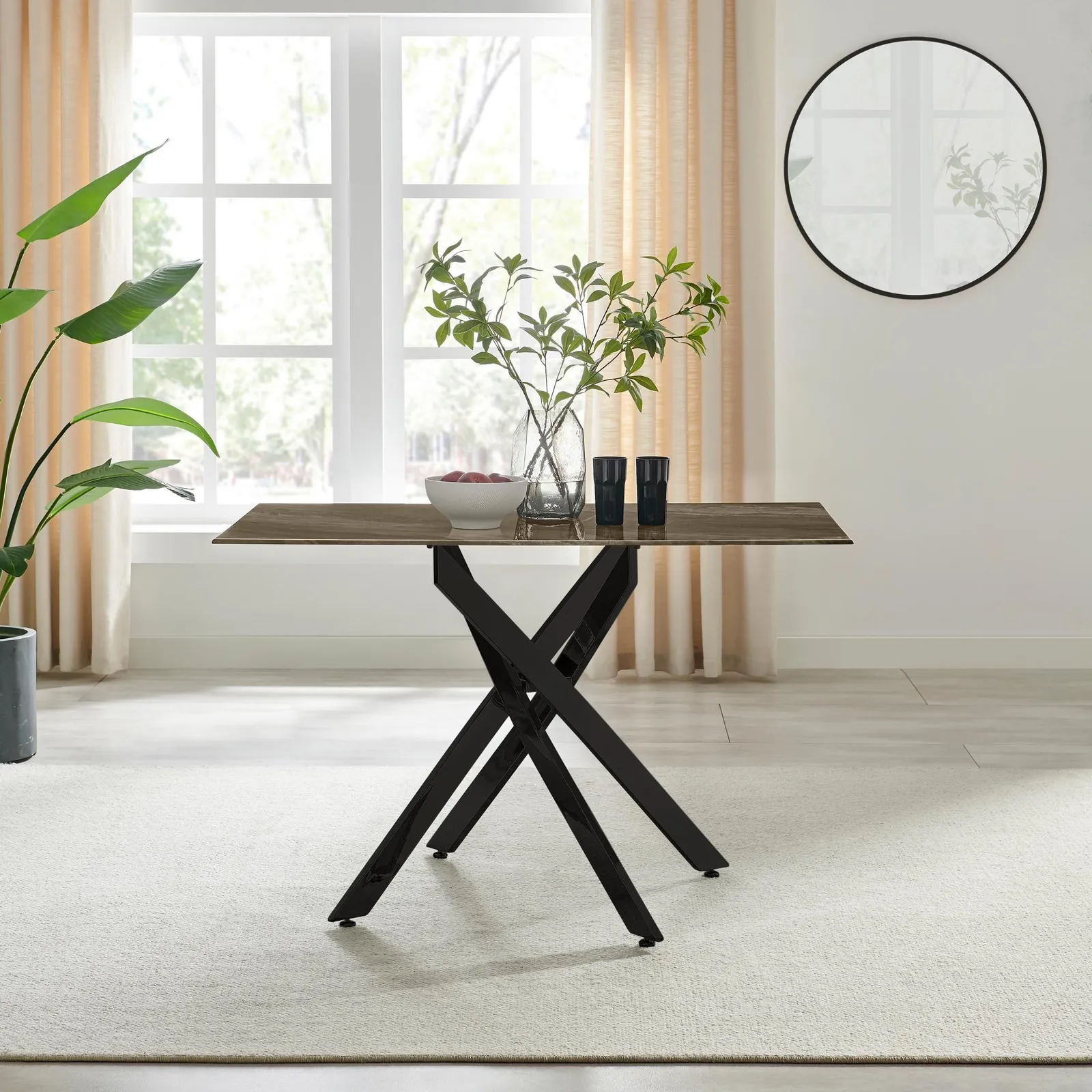 FurnitureboxUK Leonardo 4-Seater Dining Table With Marble Effect Glass Top & Black Metal Legs in Dark Brown