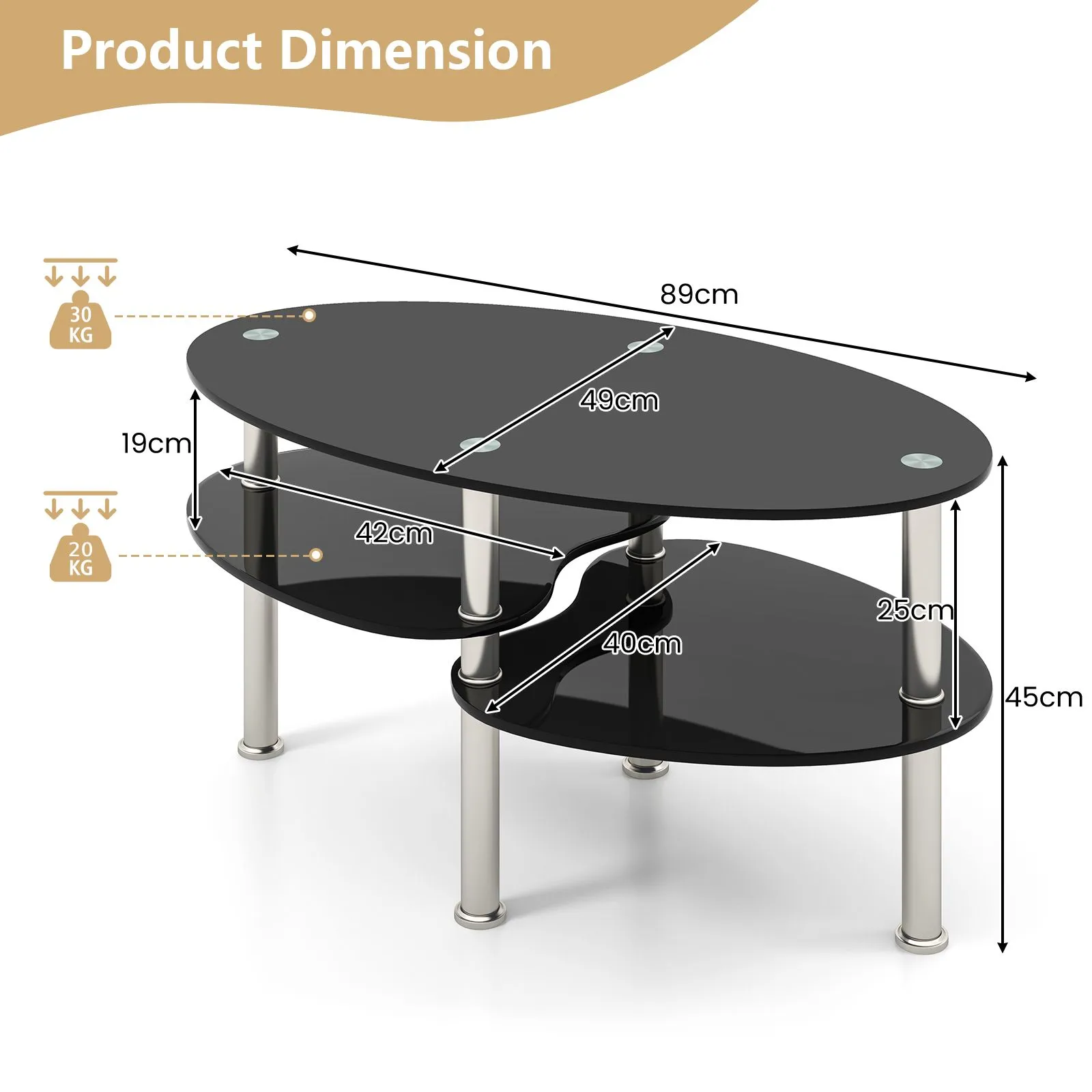 Costway 3-Tire Modern Oval Tea Table Smooth Glass Coffee Table Sofa End Side Table in Black 6