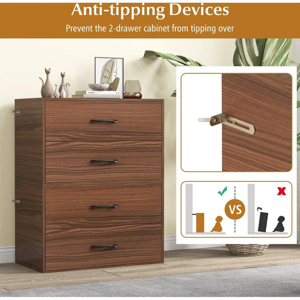 Costway Stackable 2-Drawer Dresser Wooden Storage Cube Dresser-Walnut in Brown 6
