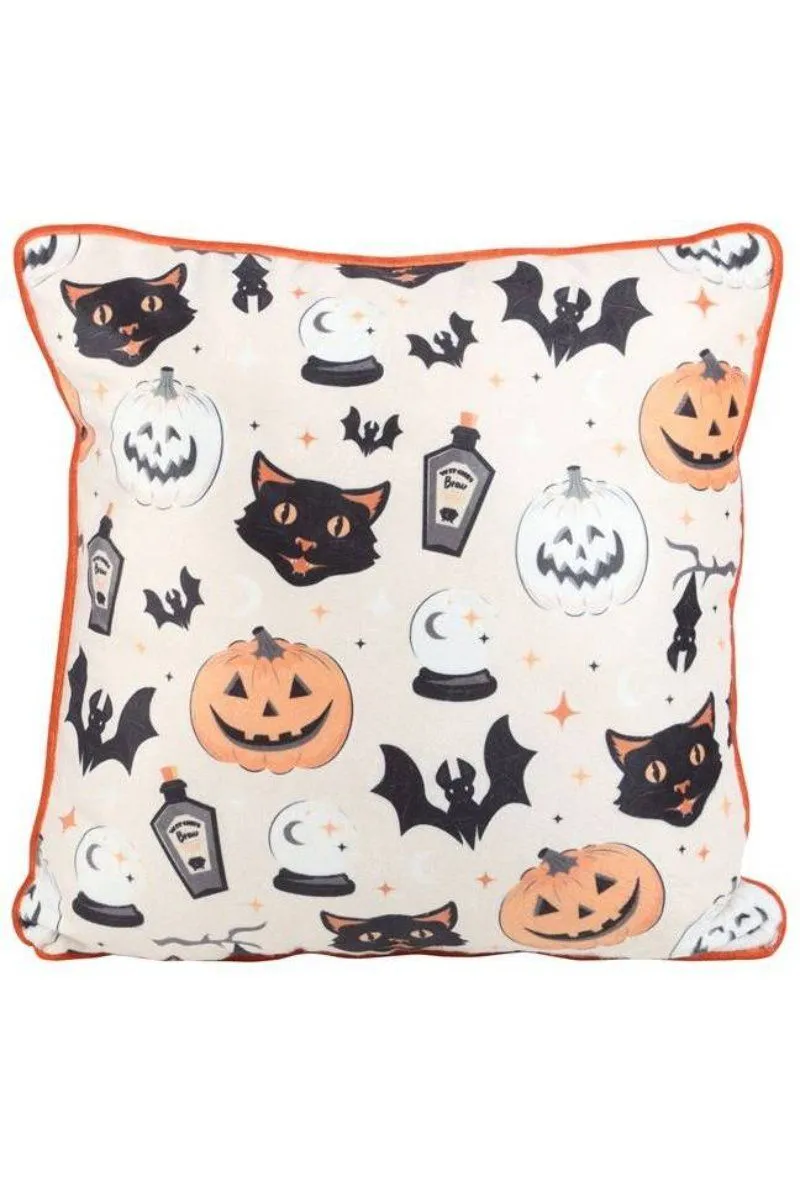 KDMD 35cm Square Spooky Cat & Pumpkin Print Cushion in Cream