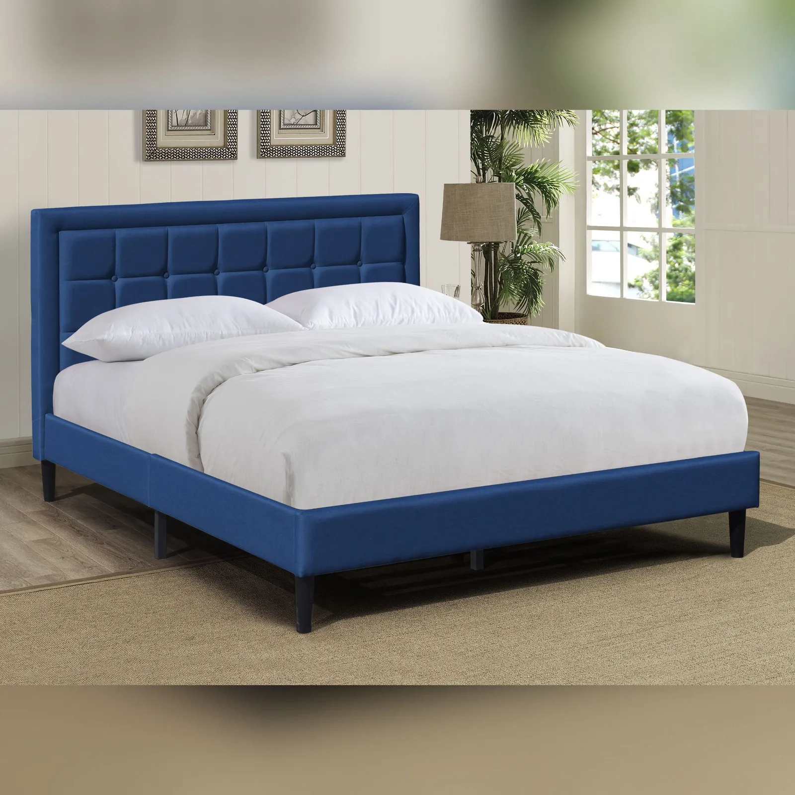 Comfy Living Ltd Fabric Bedframe With Buttoned Headboard in Dark Blue