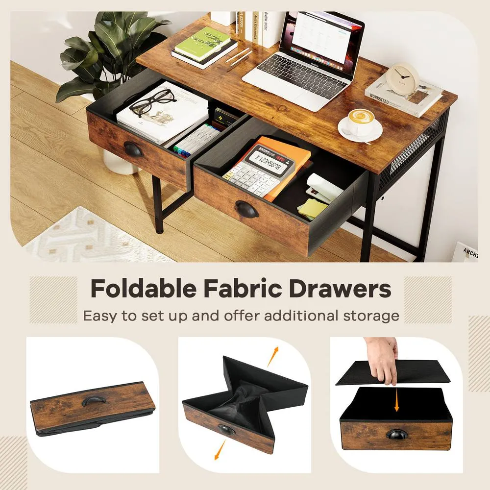 Costway Computer Desk Space Saving Home Office Desk w/2 Fabric Drawers-Coffee in Brown 3