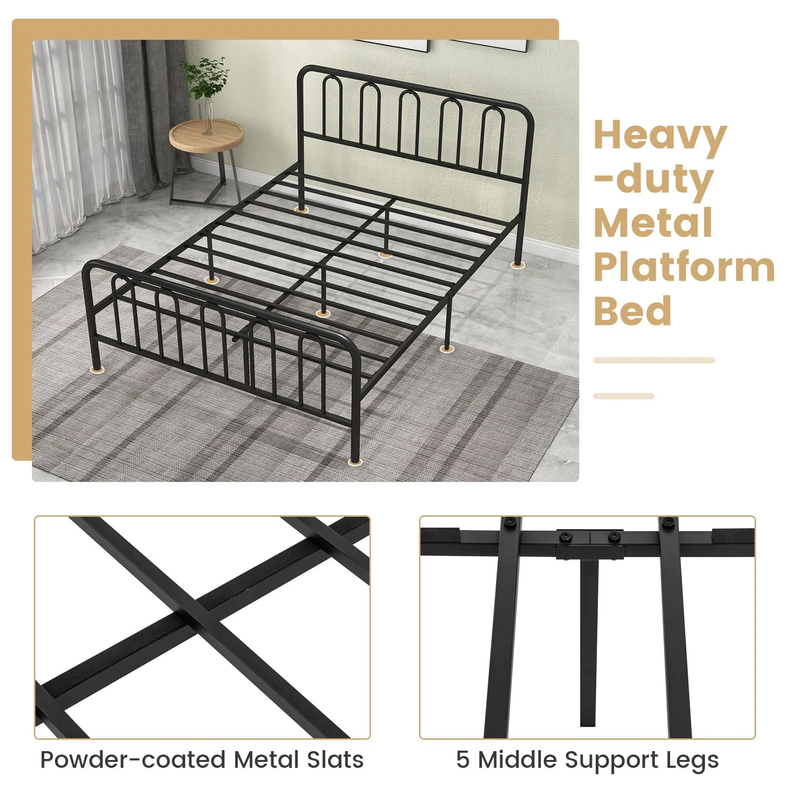 Costway King Size Metal Bed Frame with Headboard Platform Bed with Metal Slats Support in Black 5