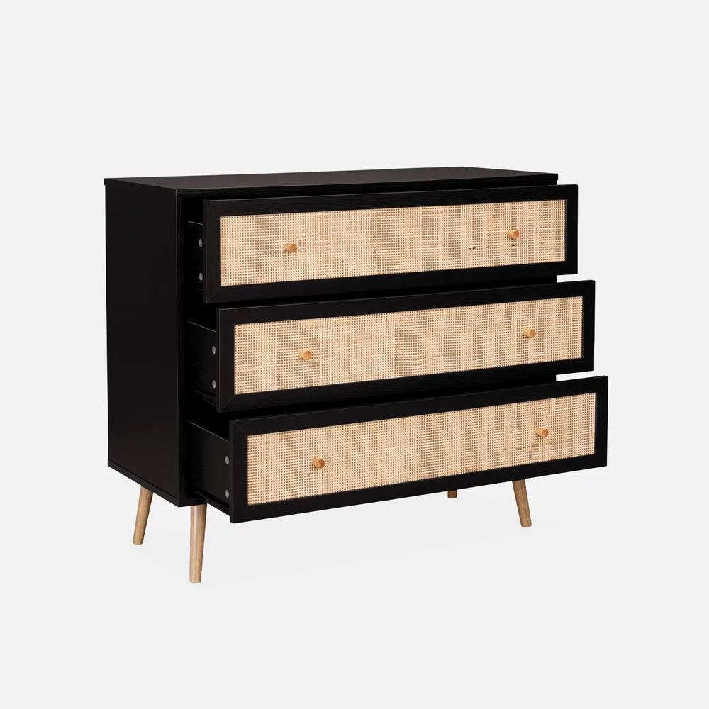 sweeek 3-drawer Chest With Wood & Cane Effect in Black 3