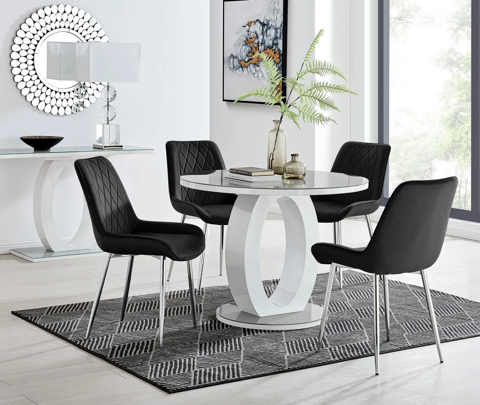 FurnitureboxUK Giovani Round 4 Seat 100cm White High Gloss Halo Base Grey Glass Top Dining Table 4 Soft Velvet Silver Leg Pesaro Chairs in Black 1