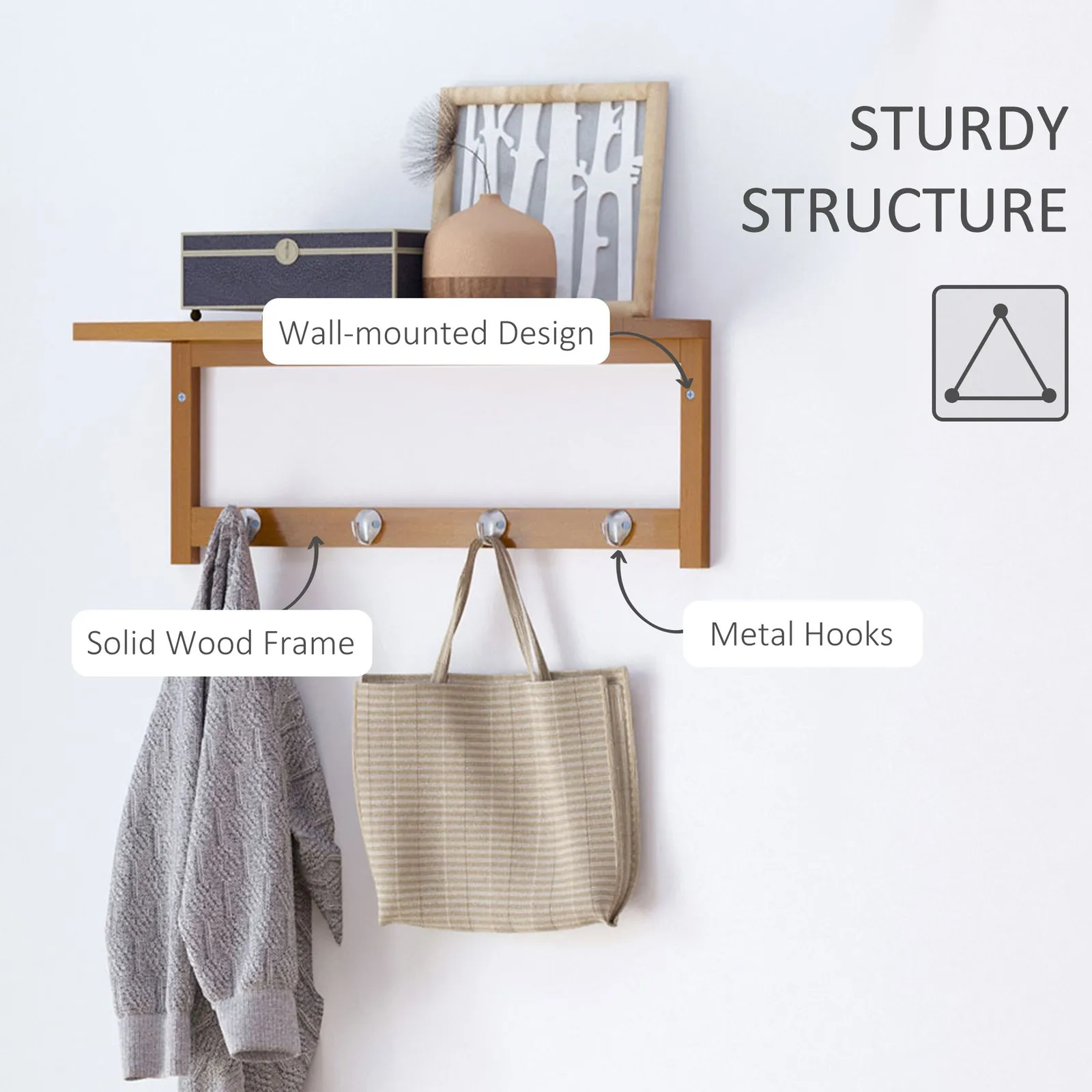 HOMCOM Mounted Shelf Clothes Rack Hanging Coat Hooks Hallway Wall Kitchen in Light Brown 5